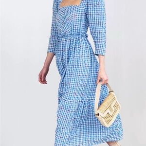 NWT HUNTER BELL Gillian Gingham Tiered Maxi Dress.  Size 8 Blue, White